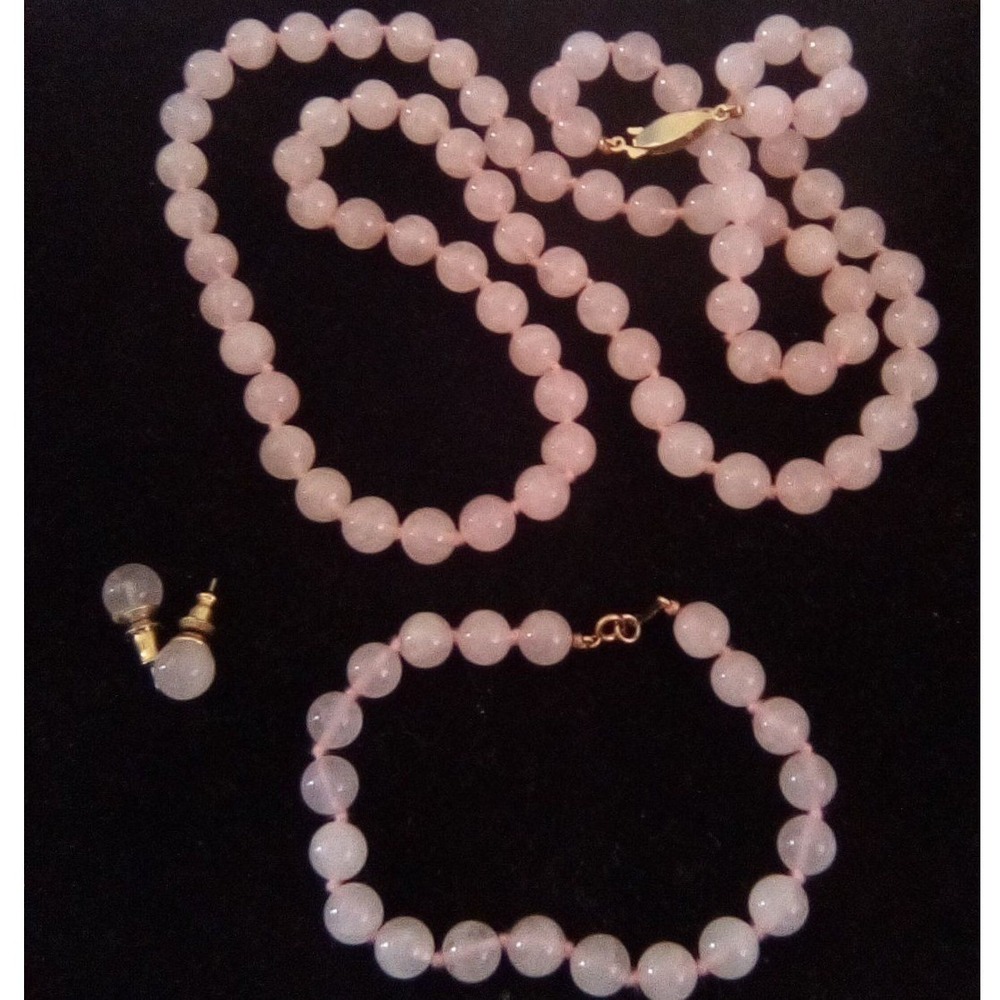 Vintage Rose Quartz, Hand Knotted Beaded Necklace, Bracelet & Stud Earrings Set